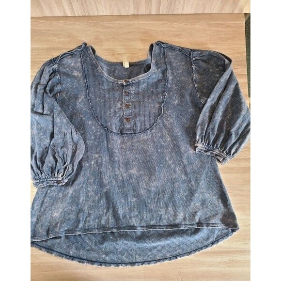 Free People Blue Cotton Top Puff Sleeve Bib Blouse Distressed Wash We The Free - Picture 3 of 9